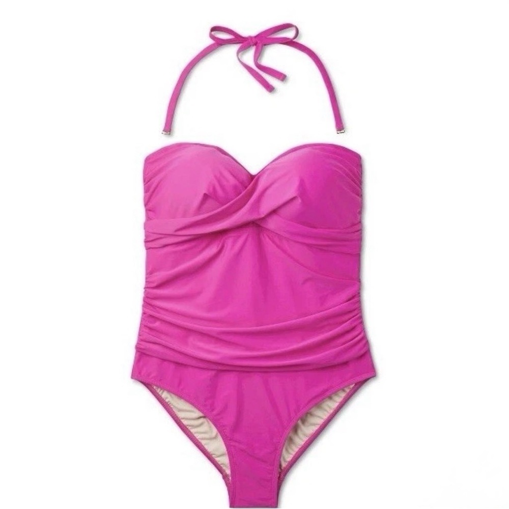Size 24 Kona Sol Bandeau Pink Strapless Women's Swimsuit Tummy Control Full Seat